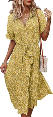 Image de ASKSA Femme Fleurs Robe d'été Polka Dots Robe décontractée, Jaune, L