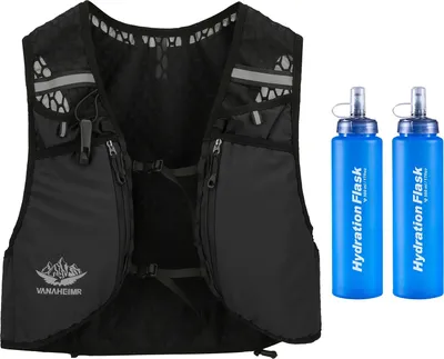 Produktbild von Vanaheimr Trinkweste mit Taschen, verstellbare Träger, Unisex, Laufweste, Wanderweste, Fahrradweste, Schwarz, Mit 0.5L Wasserbeutel*2