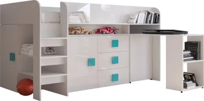 Produktbild von Etagenbett für Kinder Toledo 1 Stockbett mit Treppe und Bettkasten (Weiß + Weiß Glanz + türkise Griffe)