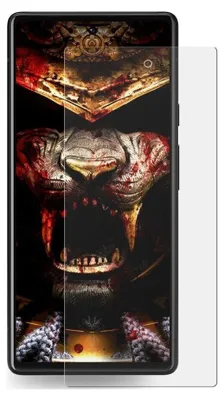 A screen protector is shown on a smartphone with a graphic wallpaper.