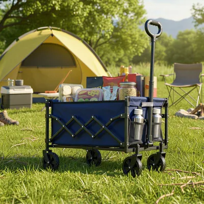 Produktbild von Zusammenklappbarer Bollerwagen mit Griff und 4 verstärkten Rädern | Dunkelblau | 67x42x90,5 cm