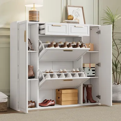 Zdjęcie produktu dla Sweiko Nowoczesna szafka na buty, z regulowanymi półkami, złotymi uchwytami, 2 szufladami, składaną szafką na buty i 2 drzwiami, biała, W120/D24/H107 CM
