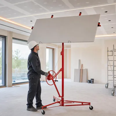 Produktbild von Plattenheber Trockenbau Lifter 470cm Montagehilfe für Gipskartonplatten & Paneele, Paneelheber mit Seilwinde & 60° neigbar, max. 68kg Tragkraft, Rot