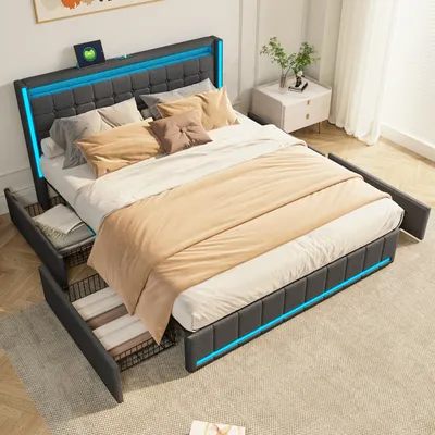 Image de Fortuna Lai Lit rembourré 160x200cm avec 4 tiroirs, USB et type C, lit de rangement pour adolescents avec sommier à lattes et Led, lit fonctionnel double en lin, gris
