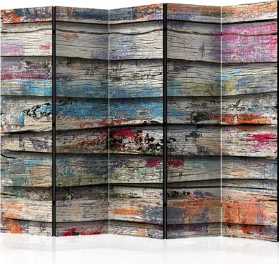 Produktbild von 5-teiliger Doppelseitiger Vlies Paravent - Colourful Wood II 225x172 cm Muster f-B-0105-z-c