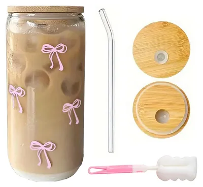 Image de Verres en verre avec couvercle et paille - Idéaux pour les smoothies et les cafés glacés