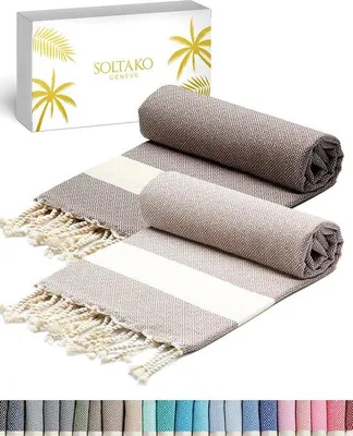 Produktbild von DigiRigi® Fouta Hamamtuch 2er-Geschenkset – 100% Baumwolle Strand- & Saunatuch, extra groß 100 x 200 cm, leicht, khaki & königsblau, Unisex
