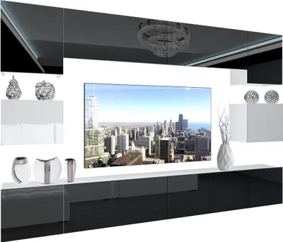 Produktbild von BELINI Wohnwand Vollausstattung Wohnzimmer-Set Moderne Schrankwand mit LED-Beleuchtung Weiß Glänzend Anbauwand TV-Schrank Schwarz / Weiß Glänzend