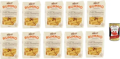 Produktbild von Rummo Mezzi Rigatoni N. 51, Pasta Lenta Lavorazione Teigwaren aus Hartweizengrieß Bronze-Zeichnung 10x 500g + Italian Gourmet polpa 400g