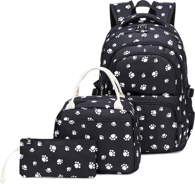Obrázok produktu pre Školský batoh Girls Teenage Ladies School Bag Backpack Set Školská taška s obedovou taškou a peračníkom, čierna, Dog Feet