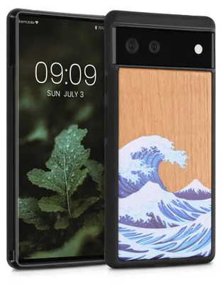 Produktbild von kwmobile Handyhülle für Google Pixel 6 Hülle Holz - Case mit TPU Bumper - Stoßfestes Hardcase - Schutzhülle Cover in Blau Weiß Braun