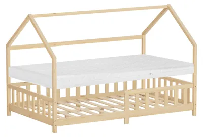Produktbild von ML-Design Kinderbett 120x200cm mit Matratze Rausfallschutz Dach & Lattenrost Natur Montessori Bodenbett aus Kiefernholz Hausbett für Mädchen & Jungen