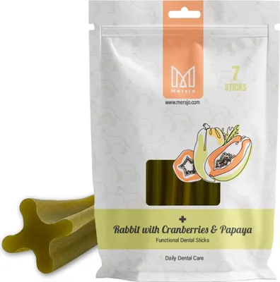 Immagine prodotto di Snack dentale per cani Mersjo Dental Sticks - Coniglio Papaia & Mirtillo Rosso (7 Sticks)