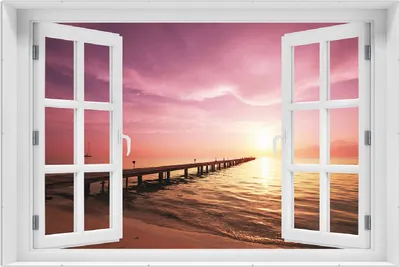 Produktbild von Wallario Wandbild mit Fenster-Illusion: Auf dem Weg zur Sonne  Steg am Meer, Größe: 61 x 91,5 cm, Poster mit rahmenlosen Bildhalter