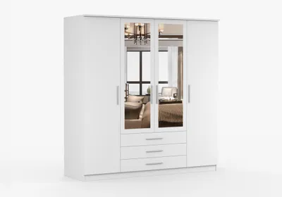 Produktbild von Kleiderschrank SHATAL 200 cm, 4-türiger Drehtürenschrank mit 2 Spiegeln, 3 Schubladen, 6 Einlegeböden und 3 Kleiderstangen, Weiß