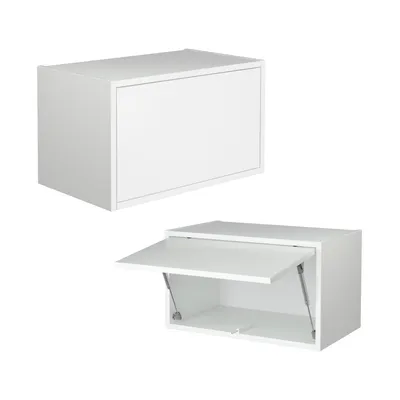 Two white wall-mounted cabinets are displayed against a white background. The top cabinet is closed, while the bottom cabinet is open, showing its interior.