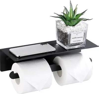 Zdjęcie produktu dla Aluminiowy uchwyt na papier toaletowy z uchwytem na telefon, na dwie rolki, do kuchni i łazienki, czarny