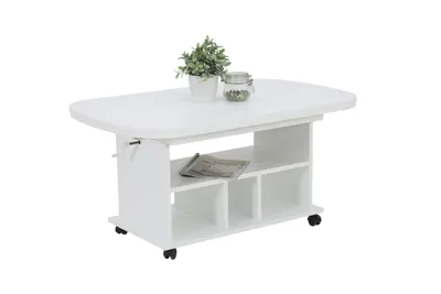 Produktbild von Funktionscouchtisch Wohnzimmertisch Babsi - Nachbildung Weiß - höhenverstellbar und ausziehbar - Rollenfüße - große Ablage - 107x157x67cm