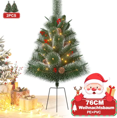 Productafbeelding van XMTECH 2x Mini kerstboom, 76 cm, PE + dennennaalden – met grondpen, 30 warmwitte LED-lampjes, dennenappels en rode bessen – geschikt voor de woonkamer, dressoir of vensterbank, type B