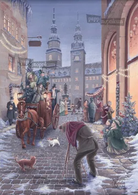 A nostalgic winter scene in a European town square during Christmas time, with people in horse-drawn carriages, street vendors, and a photographer.
