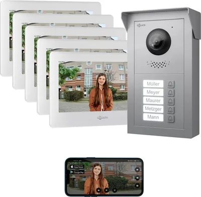 Produktbild von GOLIATH Basic 2-Draht BUS Türsprechanlage | FullHD | App | 150° | 5 Fam | Silber/Weiß | Aufputz