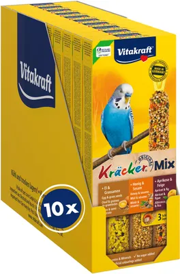 Produktbild von Vitakraft Kräcker Mix, Vogelsnack, Knabberstangen, mit Ei und Grassamen, mit Aprikose und Feige, mit Honig und Sesam, zur Schnabelpflege, ohne Zusatz von Zucker (10x 80g)