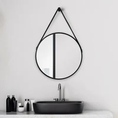 Produktbild von Wandspiegel 50 cm, rund, matt schwarz, Aluminiumrahmen, Lederband