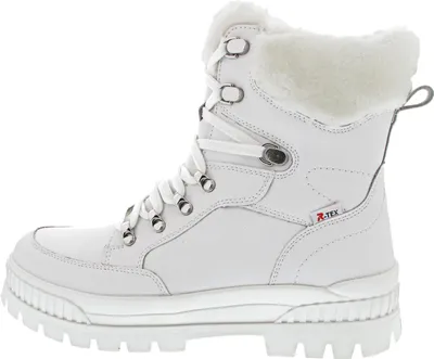 A single white winter boot shown from the side against a white background.