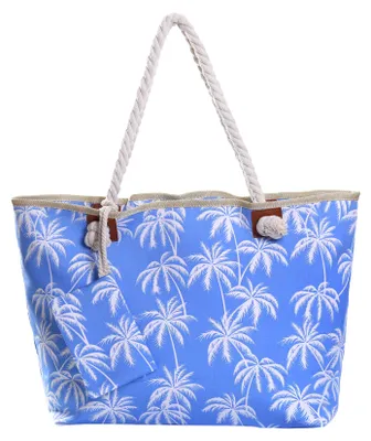 Imagen del producto de Bolso de playa grande, resistente al agua, con cierre de cremallera - Diseño de palmeras en blanco y azul