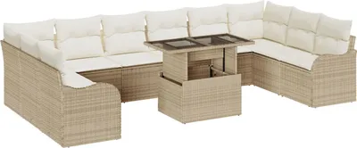 Produktbild von Möbel 11-teiliges Garten-Sofa-Set mit Kissen Beige Poly Rattan, 2-Sitzer Garten-Sofa mit Stauraum & Kissen Beige Poly Rattan - Gartensofas 3357274