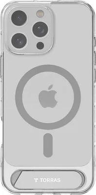 A clear case for an iPhone with a magnetic charging ring and a kickstand.