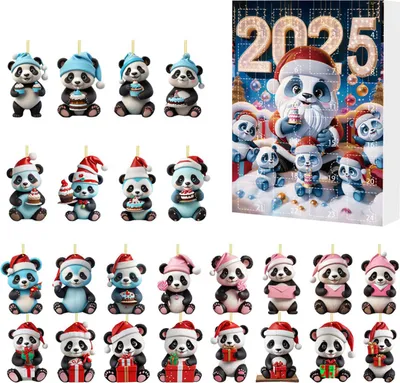 A collage of various panda-themed Christmas ornaments and a 2025 advent calendar featuring pandas dressed as Santa.