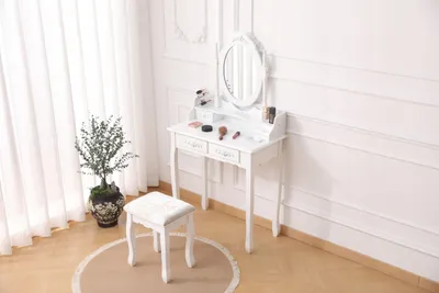 Produktbild von Schminktisch - 75 x 40 x 141 cm - Weiß - mit Hocker und Schubladen - für Schlafzimmer