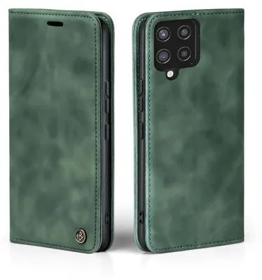 A green flip case for a Samsung Galaxy A42 phone, shown from the front and back.
