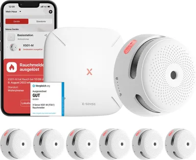 Produktbild von X-Sense Smart Rauchmelder XS01-M mit SBS50 Basisstation, Funkrauchmelder mit WLAN, vernetzbarer Feuermelder, kompatibel mit der X-Sense Home Security App, FS61, 6 Stück