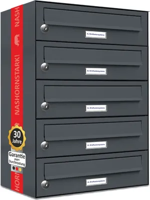 A dark gray, multi-compartment mailbox unit is shown against a light gray background. A red vertical stripe with white text and a small elephant graphic runs along the left side of the mailbox, along with a circular badge indicating '30 Jahre Garantie'.