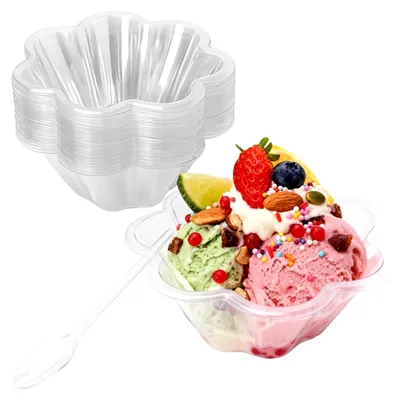 Produktbild von Desserttassen aus Kunststoff mit Löffeln, Blumenmotiv