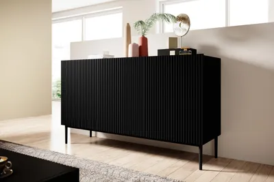Zdjęcie produktu dla KOMODA NICOLE 150 cm 3-DRZWIOWA RYFLOWANA CZARNY MAT NOWOCZESNA SZAFKA LOFT
