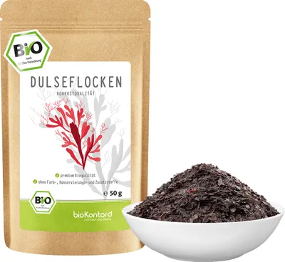 Produktbild von Dulse Flocken 50 g aus dem Atlantik | Dulse Algen aus Wildsammlung | 100% naturrein – Rohkost | bioKontor