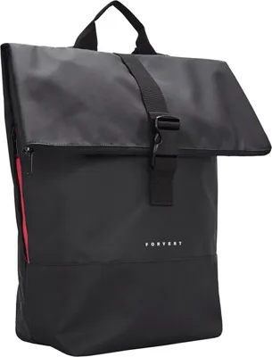 A black backpack with a red accent on the side, shown from the front.