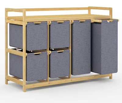 Immagine prodotto di Cesto per la biancheria da 200 litri, con 6 scomparti, in bambù, completo di 2 sacchi per la biancheria e 4 contenitori in tessuto, colore grigio