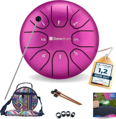 Produktbild von Sonodrum Zungentrommel: C - Dur in Lila - 14 cm mit 8 Tönen, Steel Tongue Drum inkl. Liederbuch, Schlägel, Fingersticks und Tragetasche