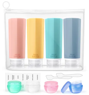 Immagine prodotto di Set di flaconi da viaggio, 12 pezzi, capacità 100 ml, a prova di perdite, riutilizzabili, in silicone, ideali per prodotti cosmetici, contenitori da viaggio