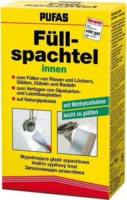 A yellow cardboard box for PUFAS Füllspachtel innen (interior filler paste).