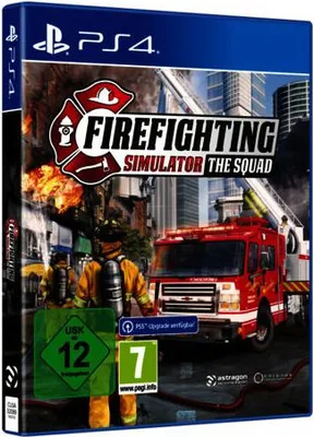 The image shows the front cover of a video game case for 'Firefighting Simulator - The Squad' on PS4.