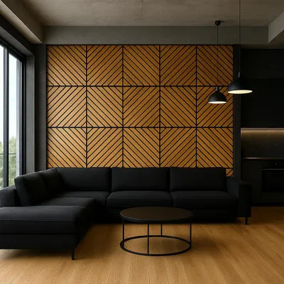Produktbild von 3D Wandpaneel 50x50 cm in Schwarz & Eiche – dekorative Wandverkleidung aus HDF, moderne Wanddeko für Wohnzimmer, Schlafzimmer & Flur