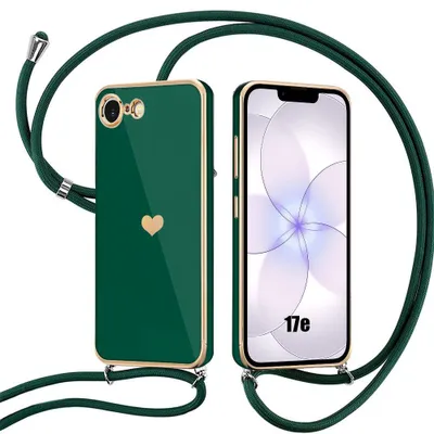 Image de Coque pour iPhone 17e, Silicone Anti-Rayures Motif Coeur avec Cordon Vert Nuit