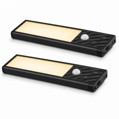Produktbild von 2er-Set LED-Nachtlichter mit Bewegungsmelder, 23 cm kabellose Schrankleuchten, USB-C wiederaufladbar, 3 Lichtfarben, 3 Helligkeitsstufen, Schwarz