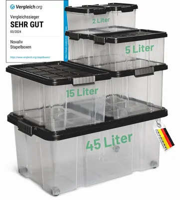 Produktbild von Novaliv 7 tlg Sparset Aufbewahrungsboxen mit Deckel Anthrazit 1x45 L + 2x 15L + 2x 5L + 2x 2L Nestbar stapelbar Clipverschluss Rollboxen BPA-frei