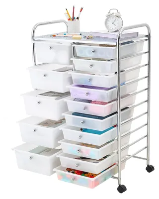 Obrázek produktu pro VEVOR vozík s 15 zásuvkami, pojízdný kontejner, dvojitá řada, rozměry 635x390x965 mm, kovová konstrukce, odkládací plocha, úchytky, otočná kola s 2 brzdami, mobilní úložný vozík pro kancelář, dílnu, tvořivou místnost
